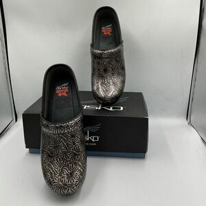 Dansko Clogs Professional XP 39 Silver Black Floral Sunburst Leather Slip On